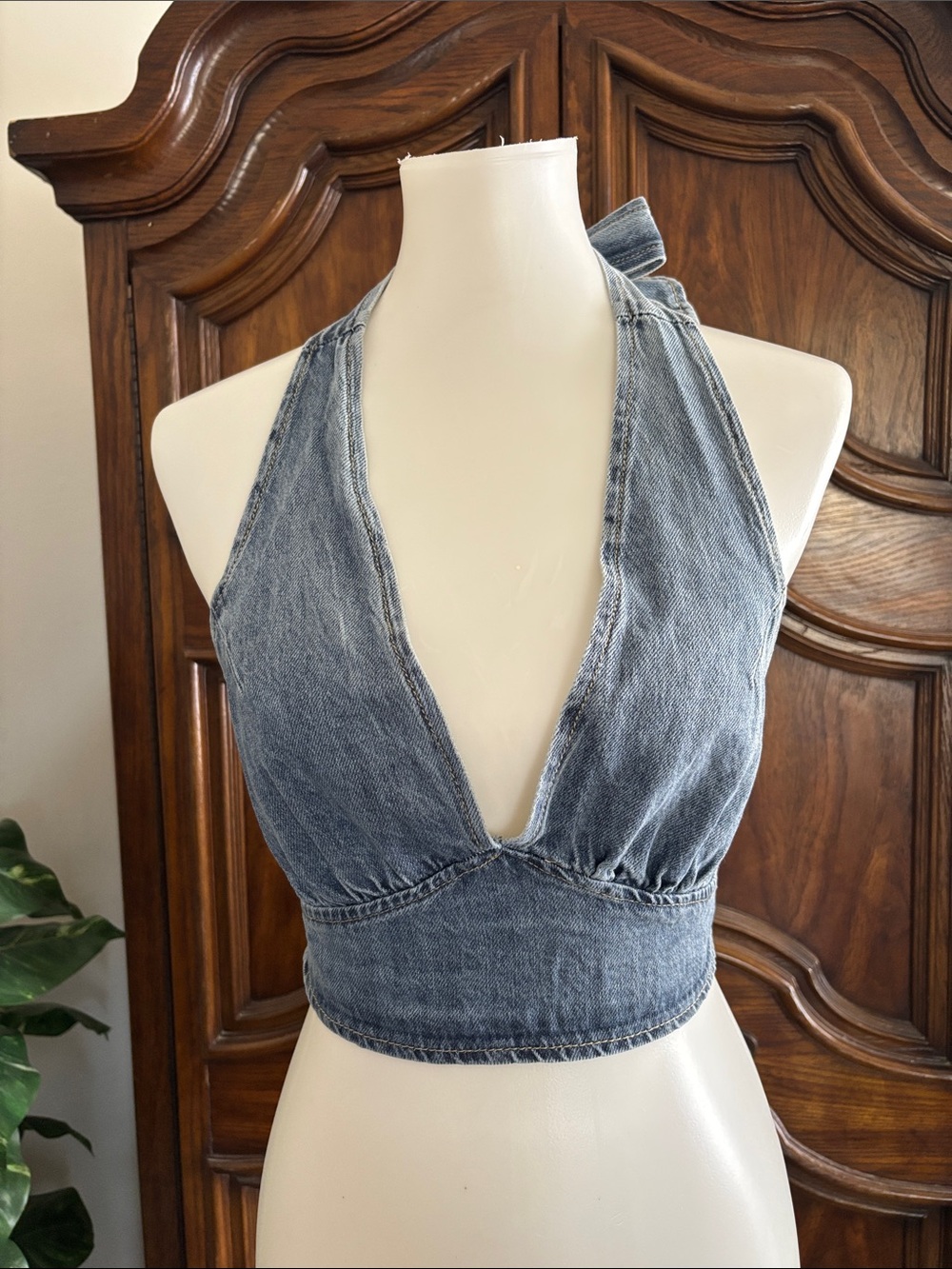 Better Be Denim halter top with deep v-neckline